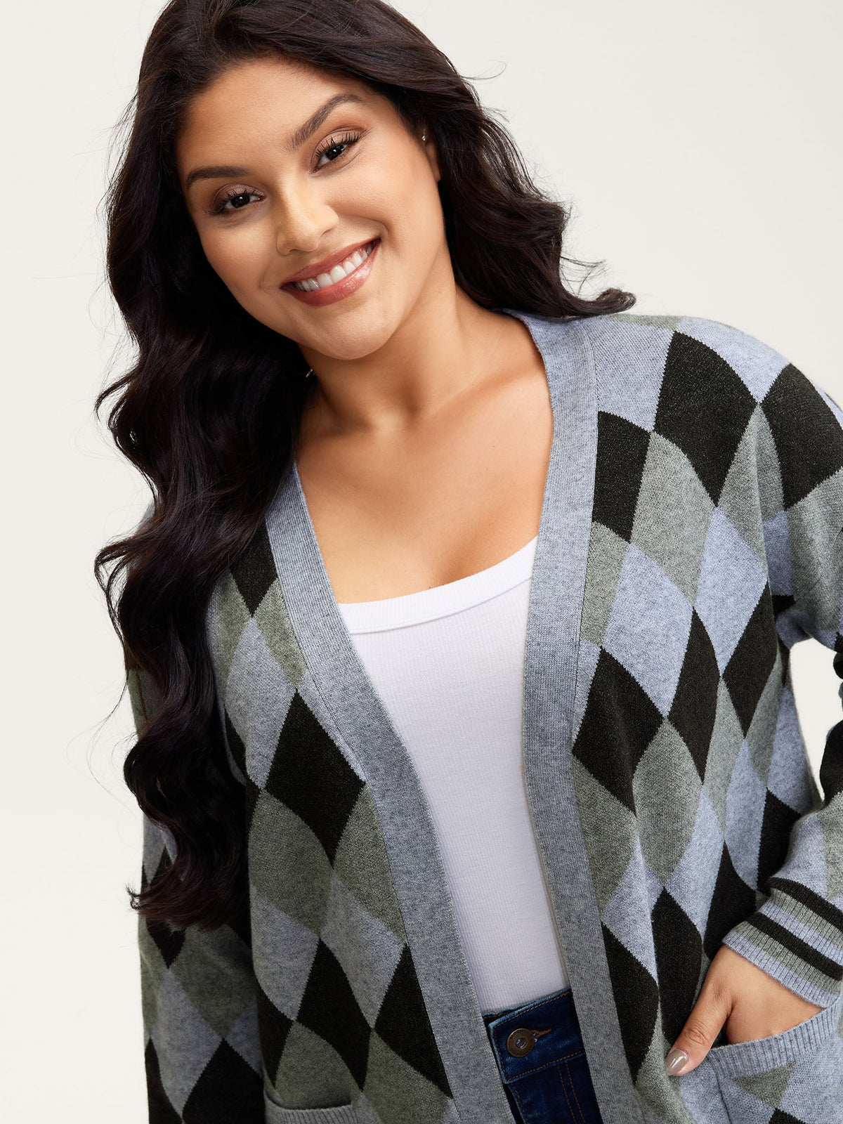 Geometrical Pattern Open-Front Knit Cardigan