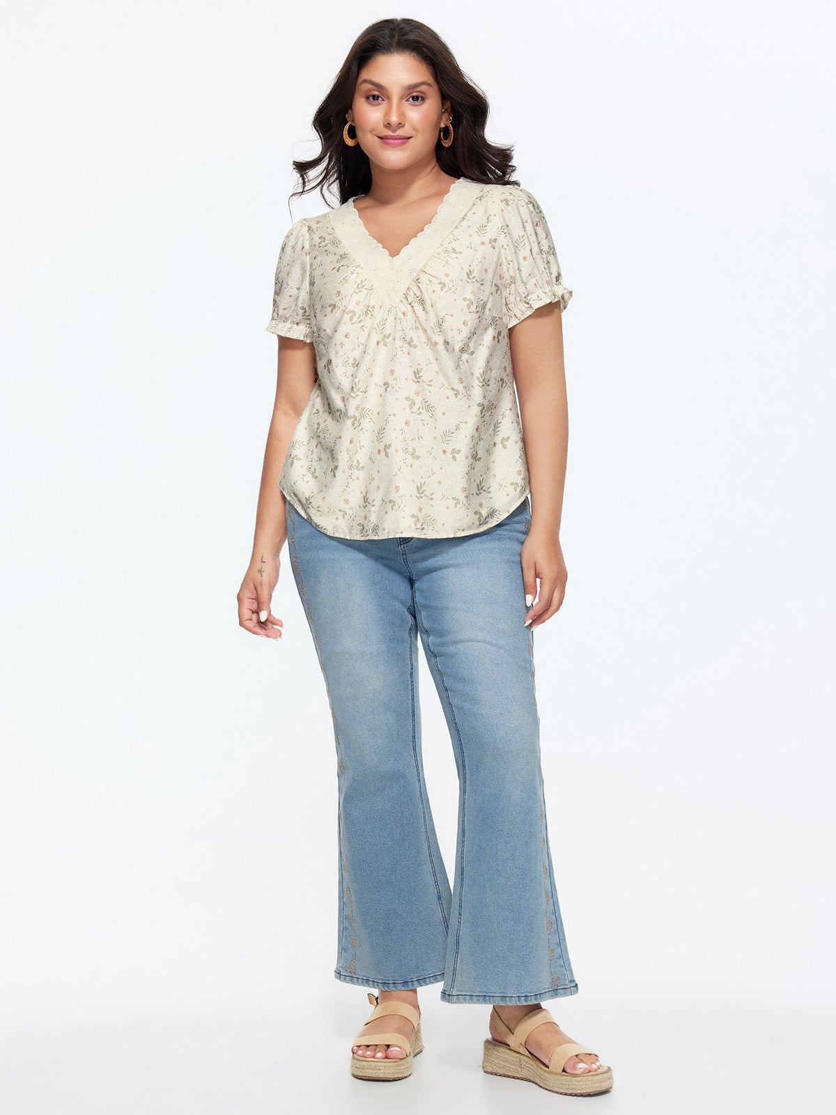 Floral Print Lace Neckline Blouse