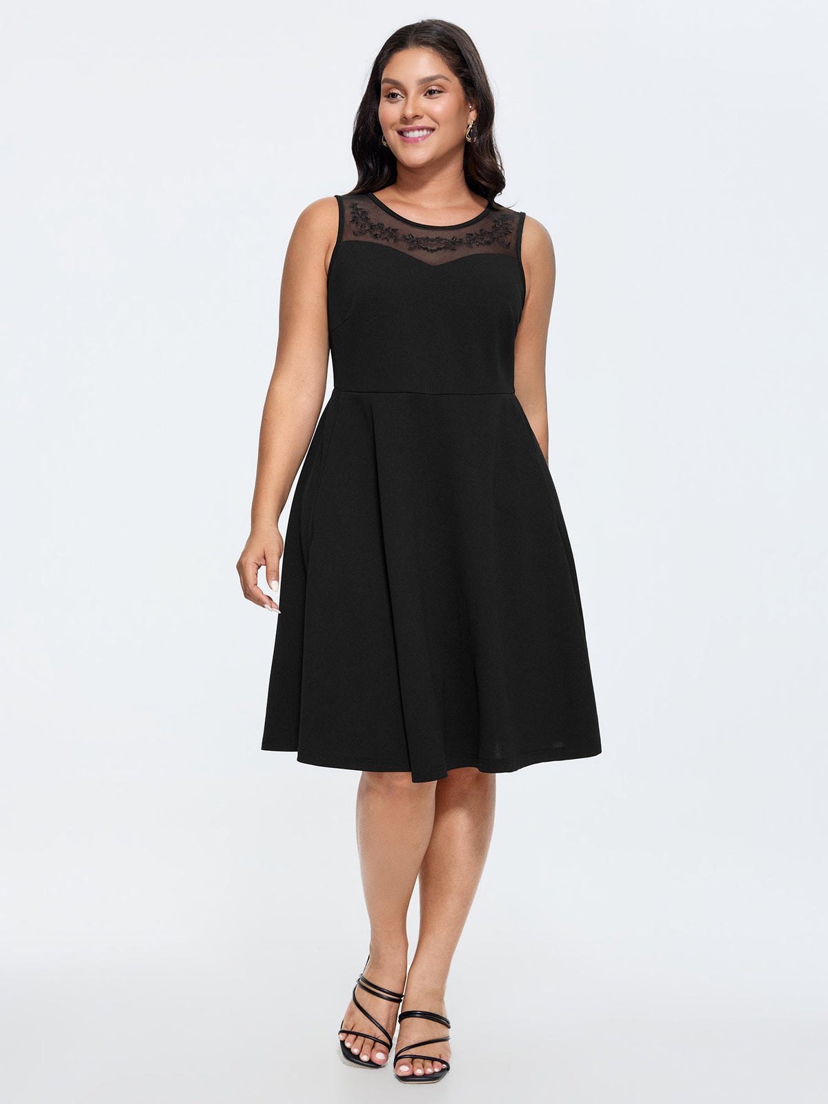 Stretchy Sheer Mesh Embroidered Neckline Midi Dress