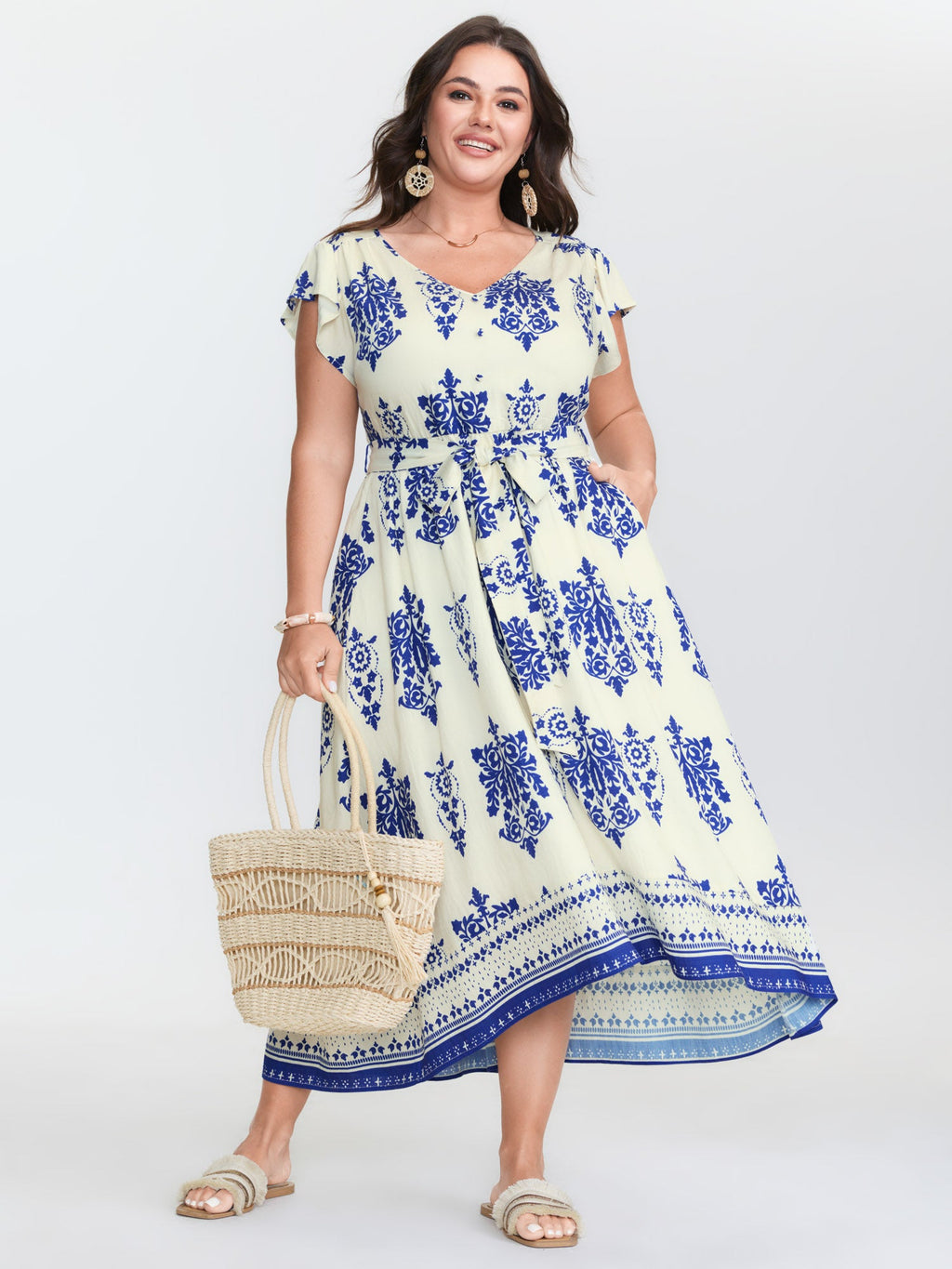 Floral Print Waist-Tie Pockets Midi Dress