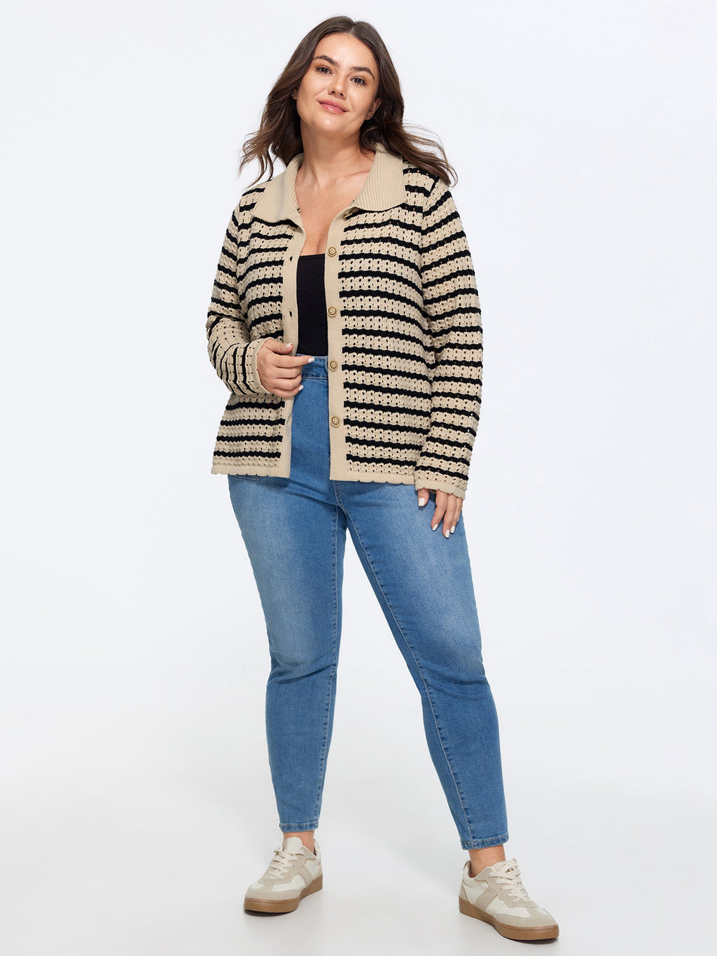 Striped Hollow Collared Button Front Cardigan