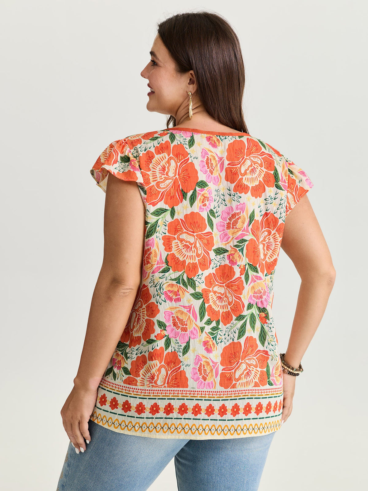 Vibrant Floral Print Flutter Sleeve Blouse