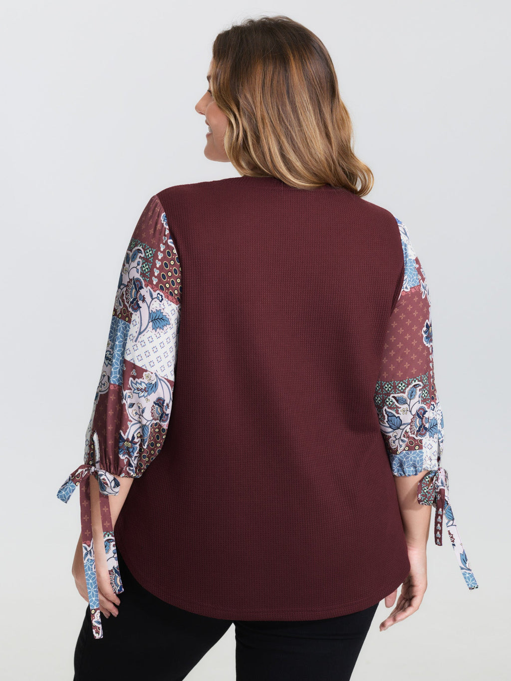Boho Print Ribbed Sleeve Tie Sweatshirt