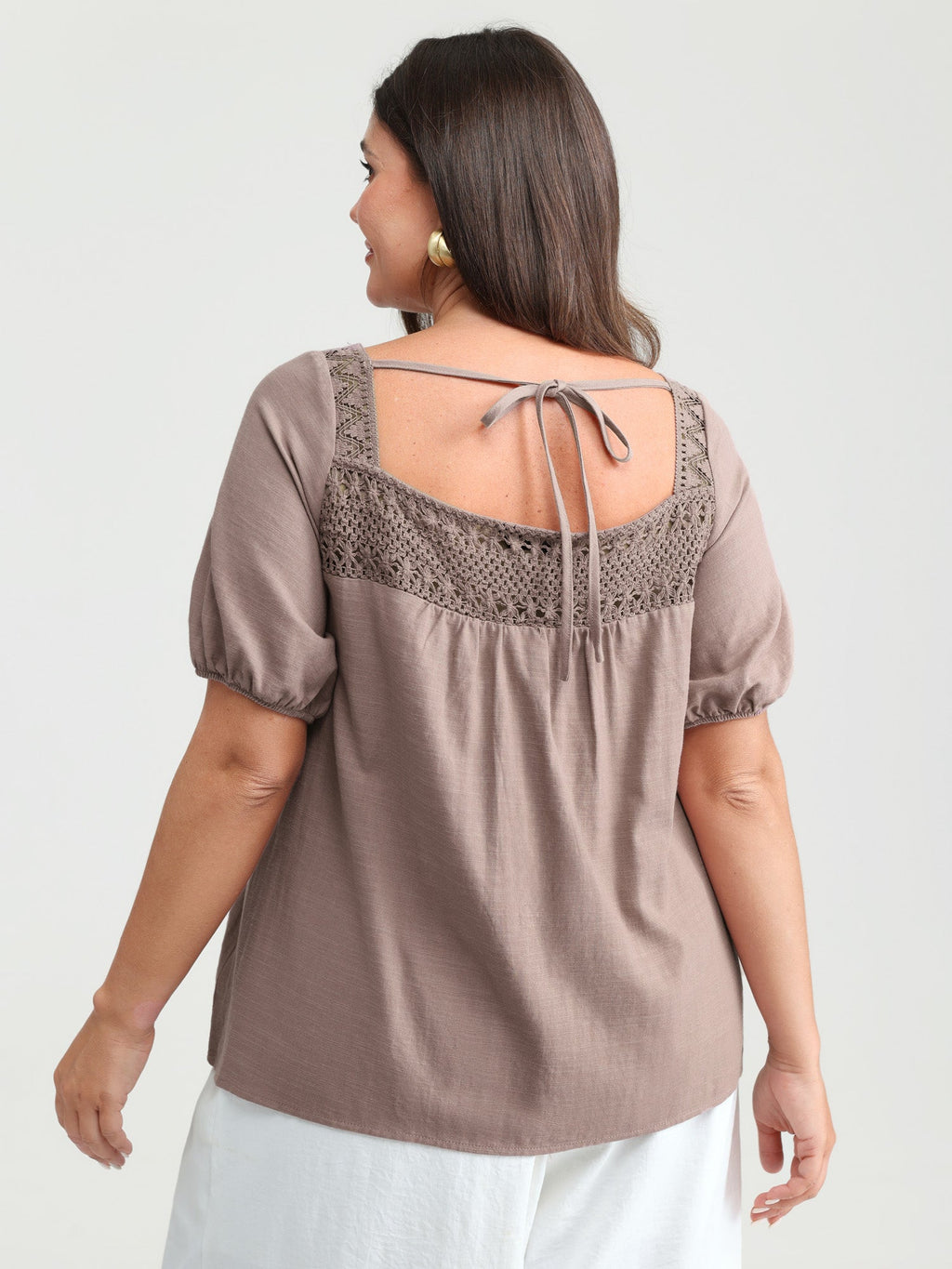 Square Neck Ruched Open Back-Tie Blouse