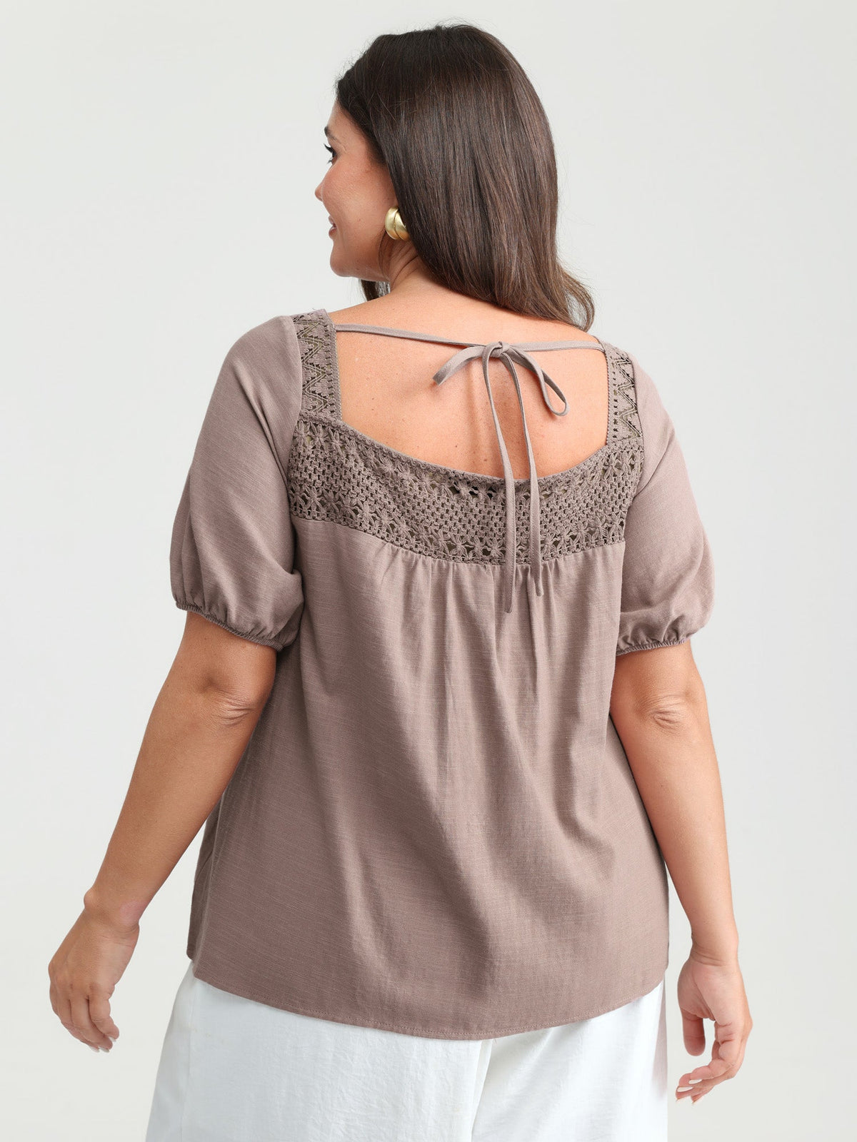 Square Neck Ruched Open Back-Tie Blouse