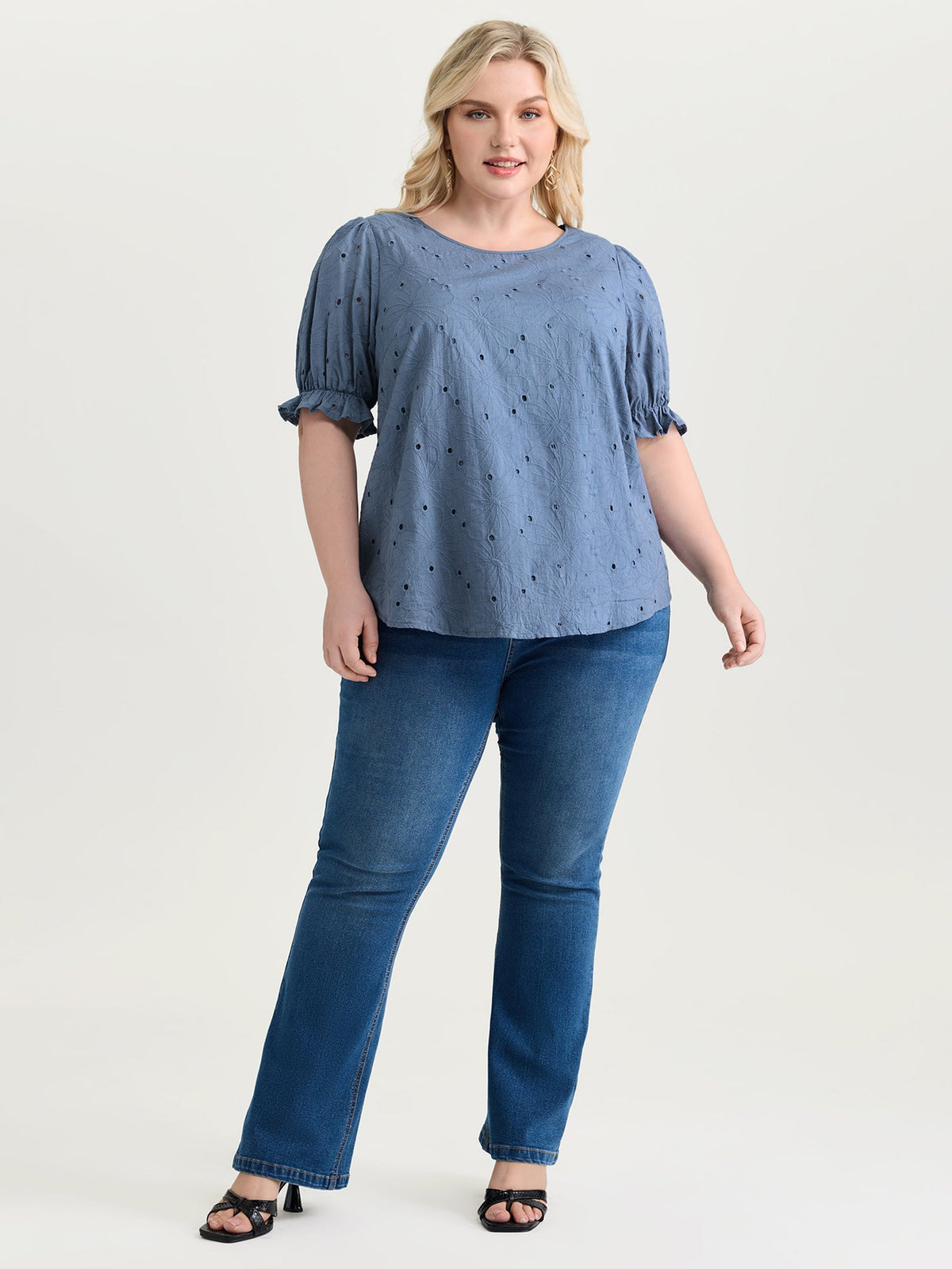 Floral Eyelet Trim Stretchy Cuff Sleeve Blouse