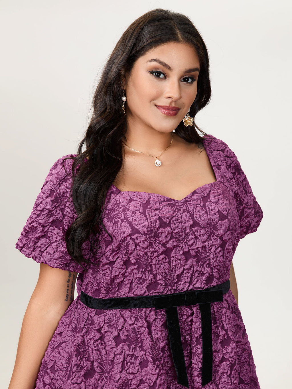 Jacquard Bow-Tie Shirred Mini Dress