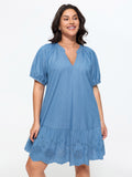 Ruffled Hem Notched Collar Faux Denim Mini Dress