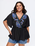 Floral Embroidered Wrap Neckline Top