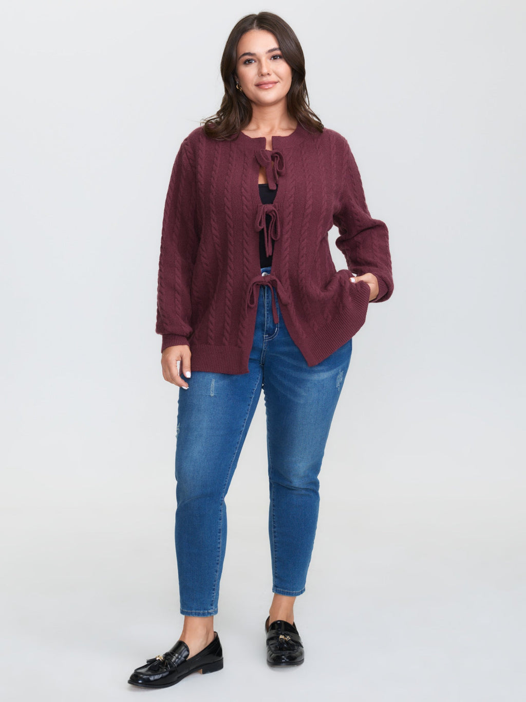 Stretchy Braided Textured Front-Tie Knit Cardigan