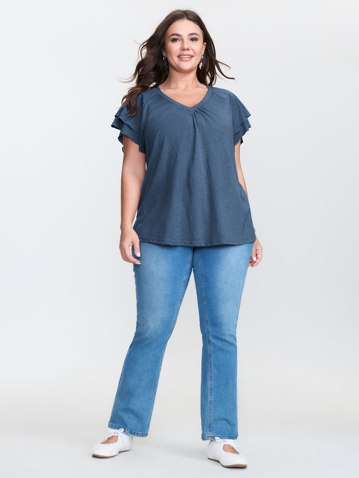 Stretchy Textured Flared Sleeve T-Shirt