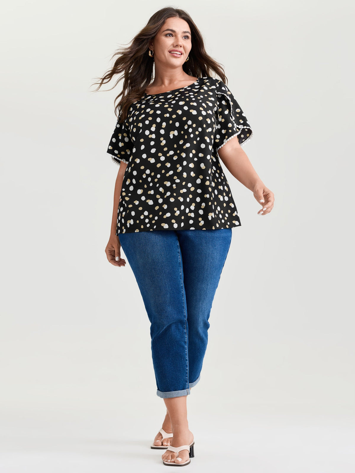 Irregular Polka Dots Print Lace Trim Blouse