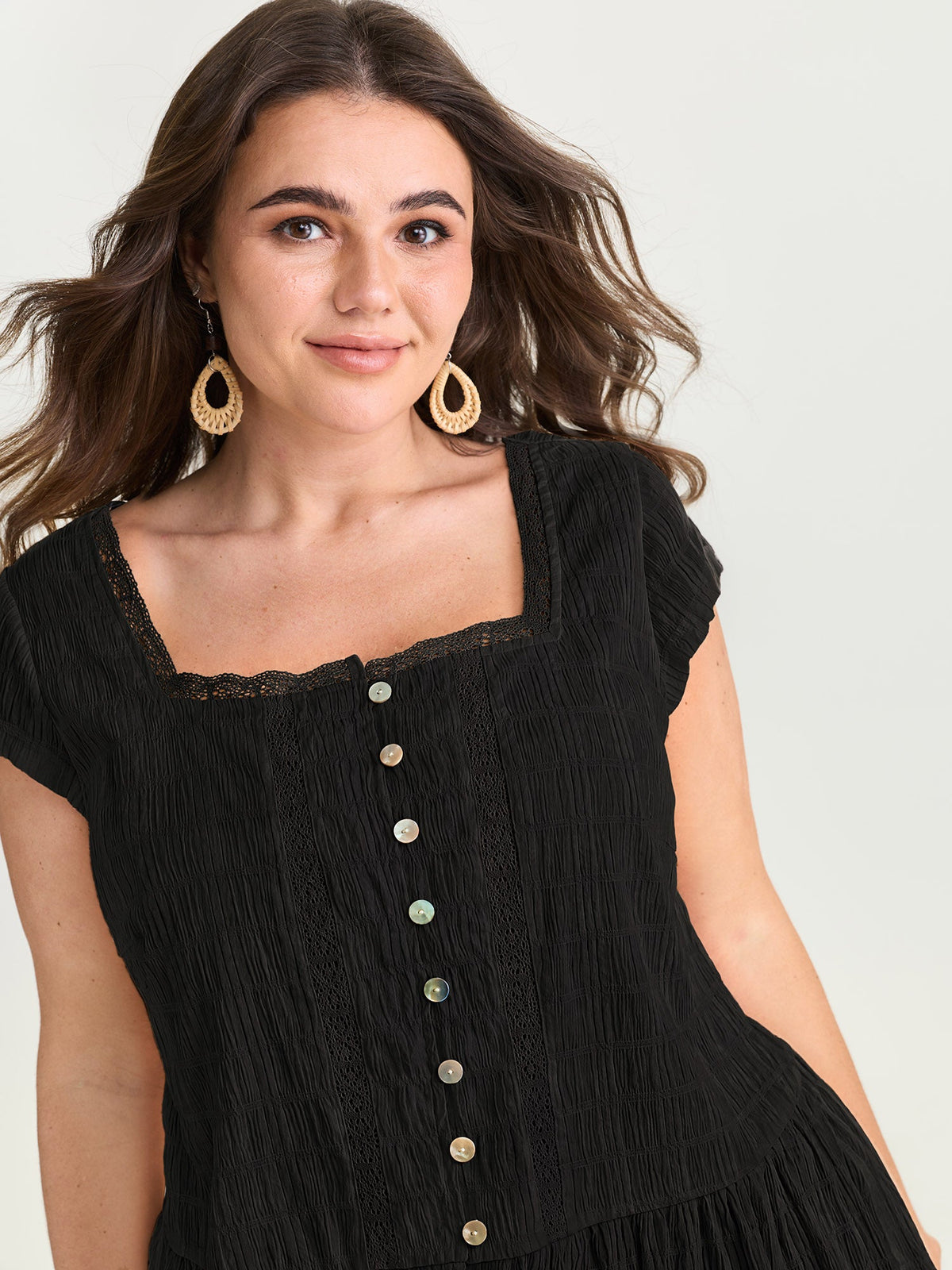 Lace Trim Sheer Ruffled Hem Blouse