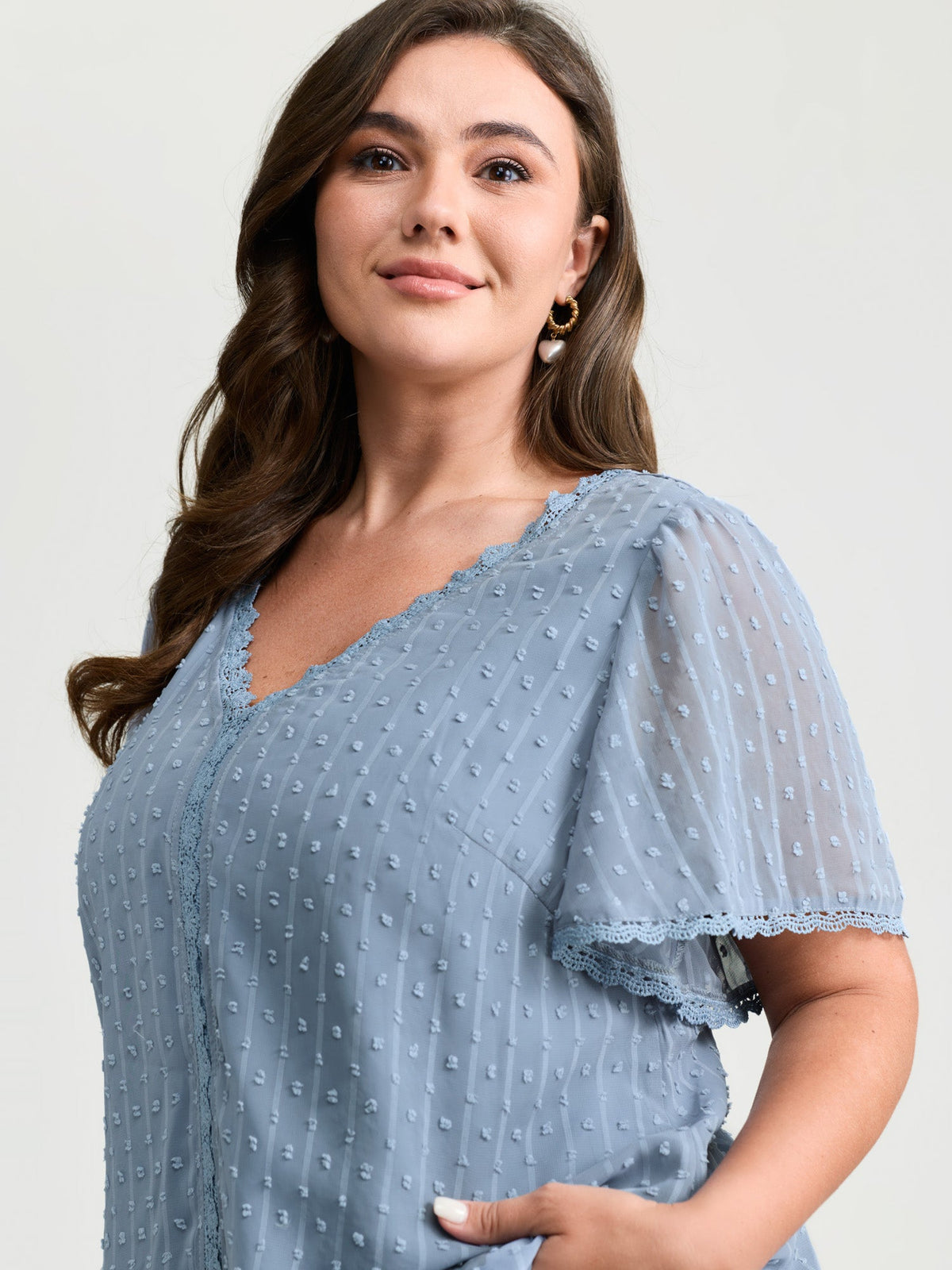 Lace Trim Textured V-Neck Blouse