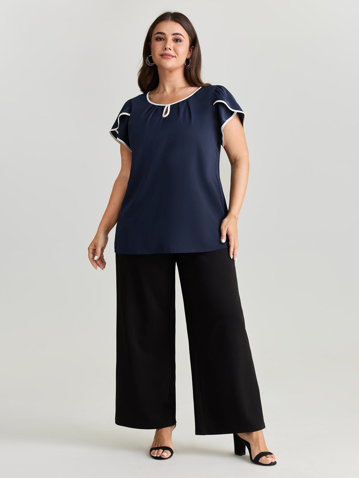 Petal Sleeve Color Contrast Plain Blouse