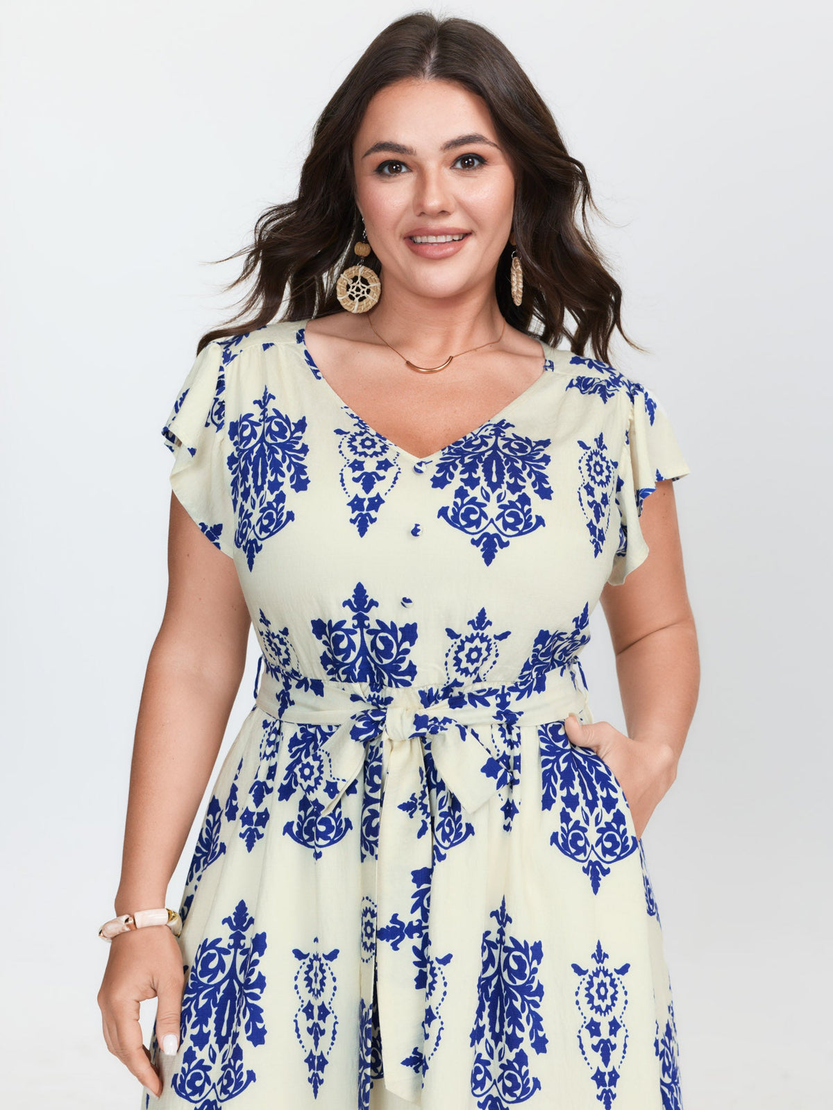Floral Print Waist-Tie Pockets Midi Dress
