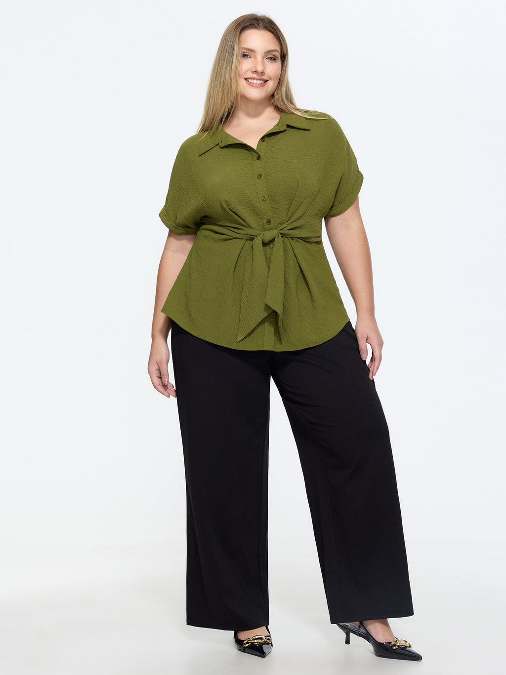 Tie-Front Waist Button-Down Blouse