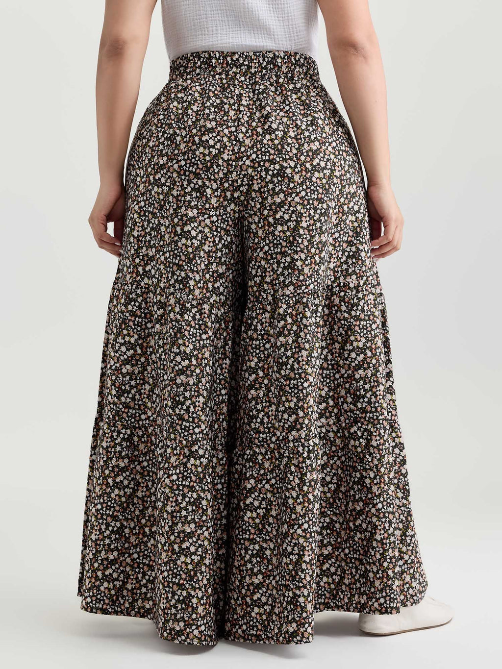 Micro Floral Print Wide Waistband Pants