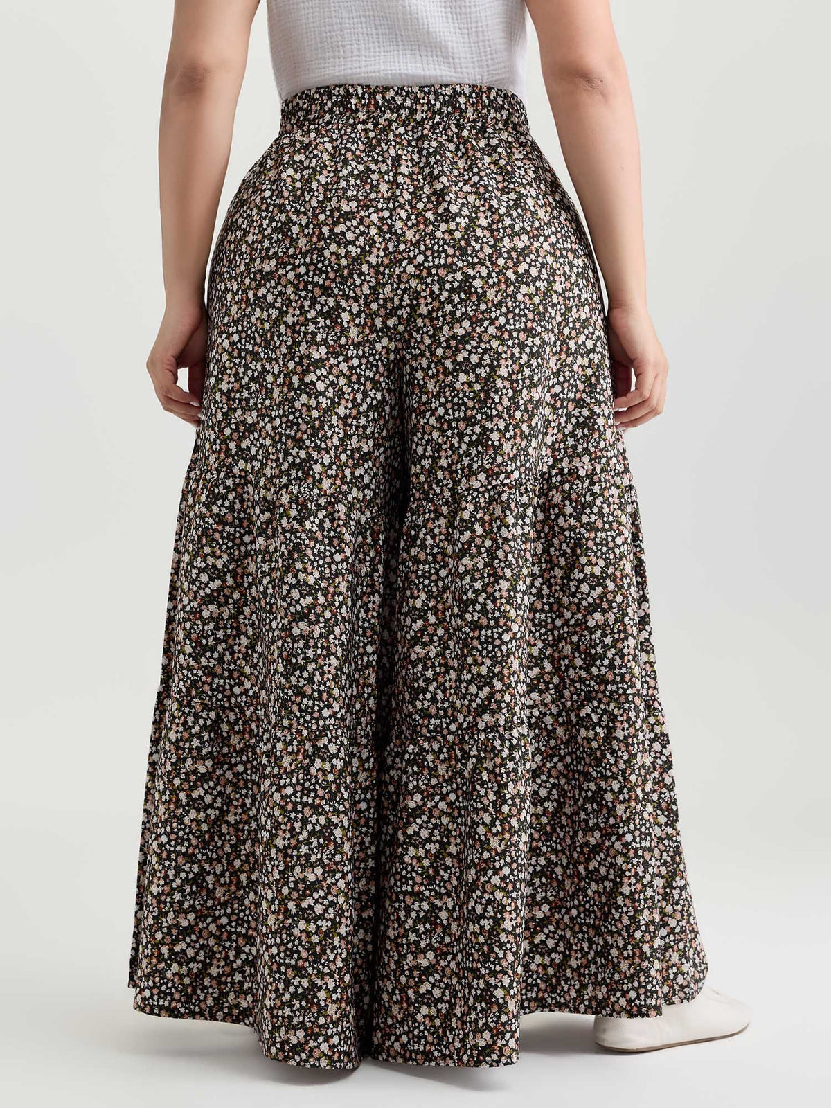 Micro Floral Print Wide Waistband Pants