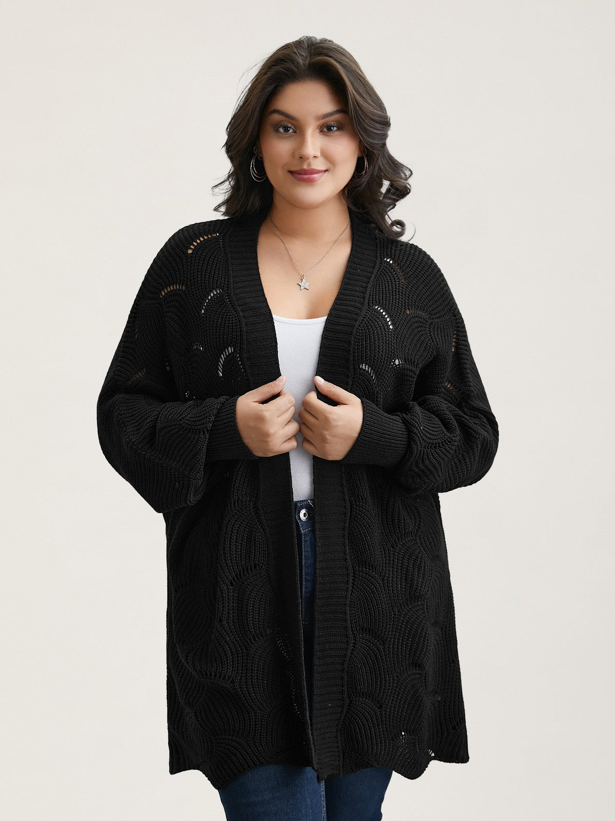 Textured Cut-Out Open-Front Cardigan