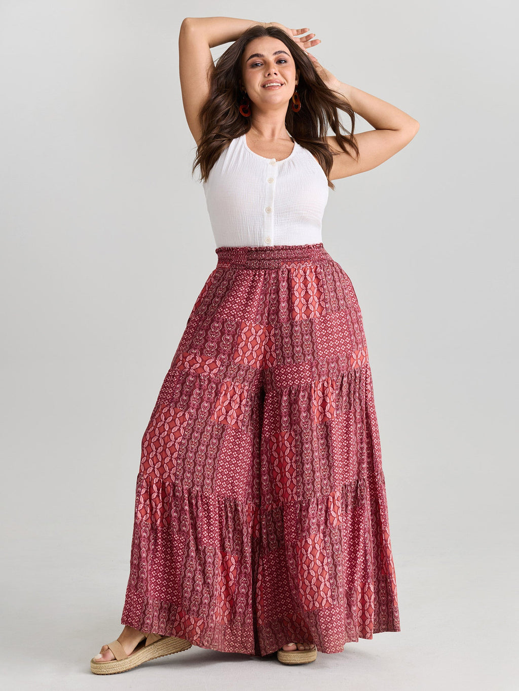 Geometric Print Flared Shirred Waist Pants