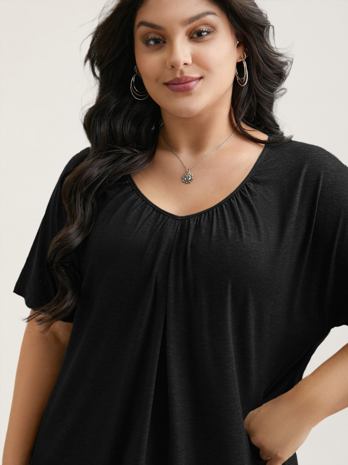 Pleated Plain Half-Sleeve Knit Top