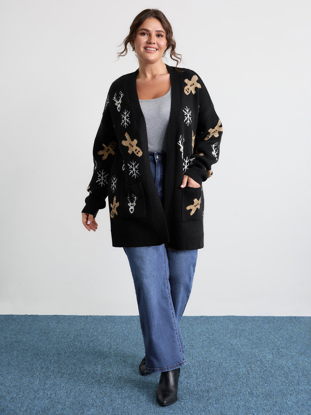 Supersoft Gingerbread Holiday Jacquard Pockets Cardigan