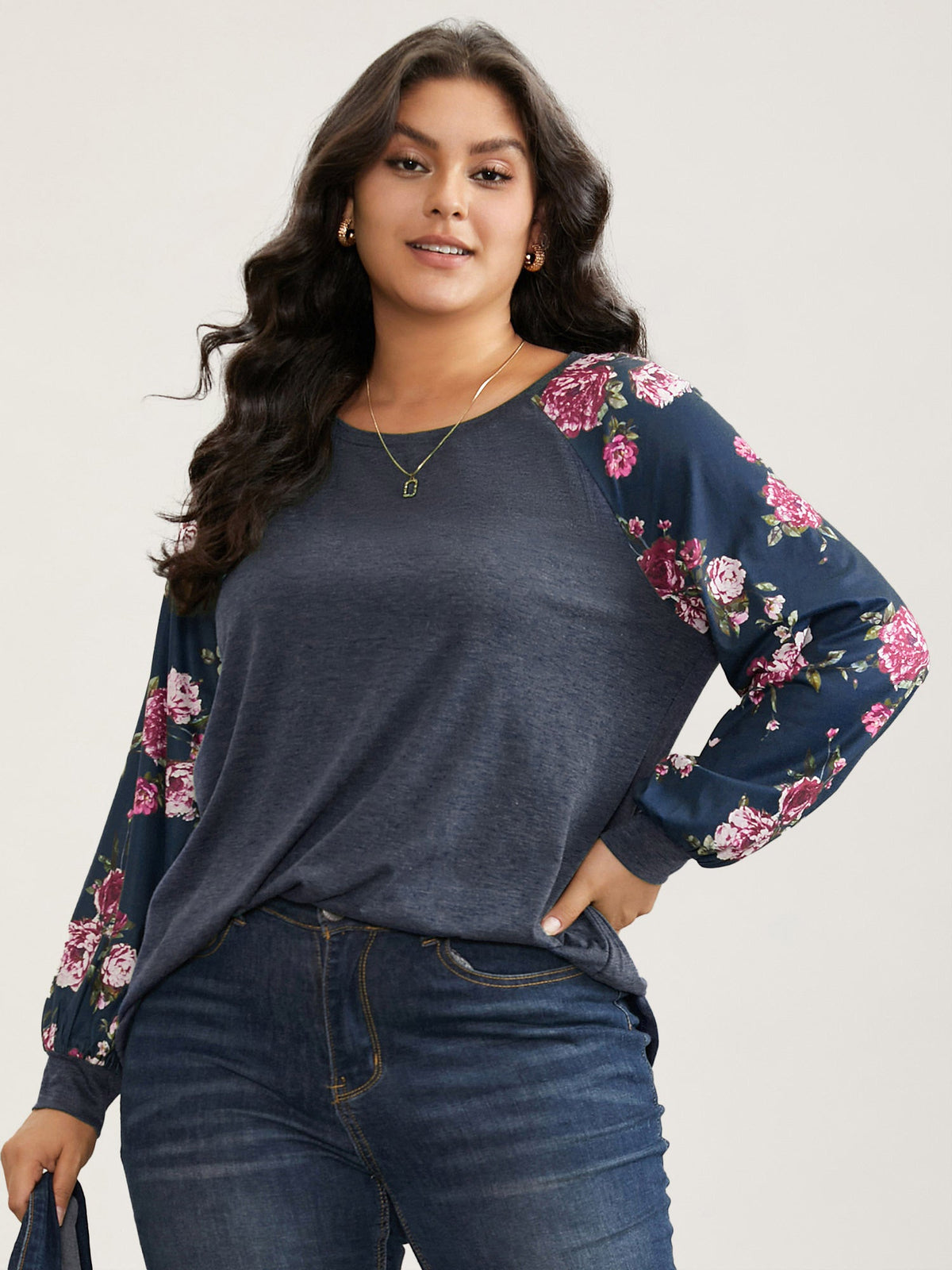 Floral Patchwork Crew Neck Raglan Sleeve T-shirt