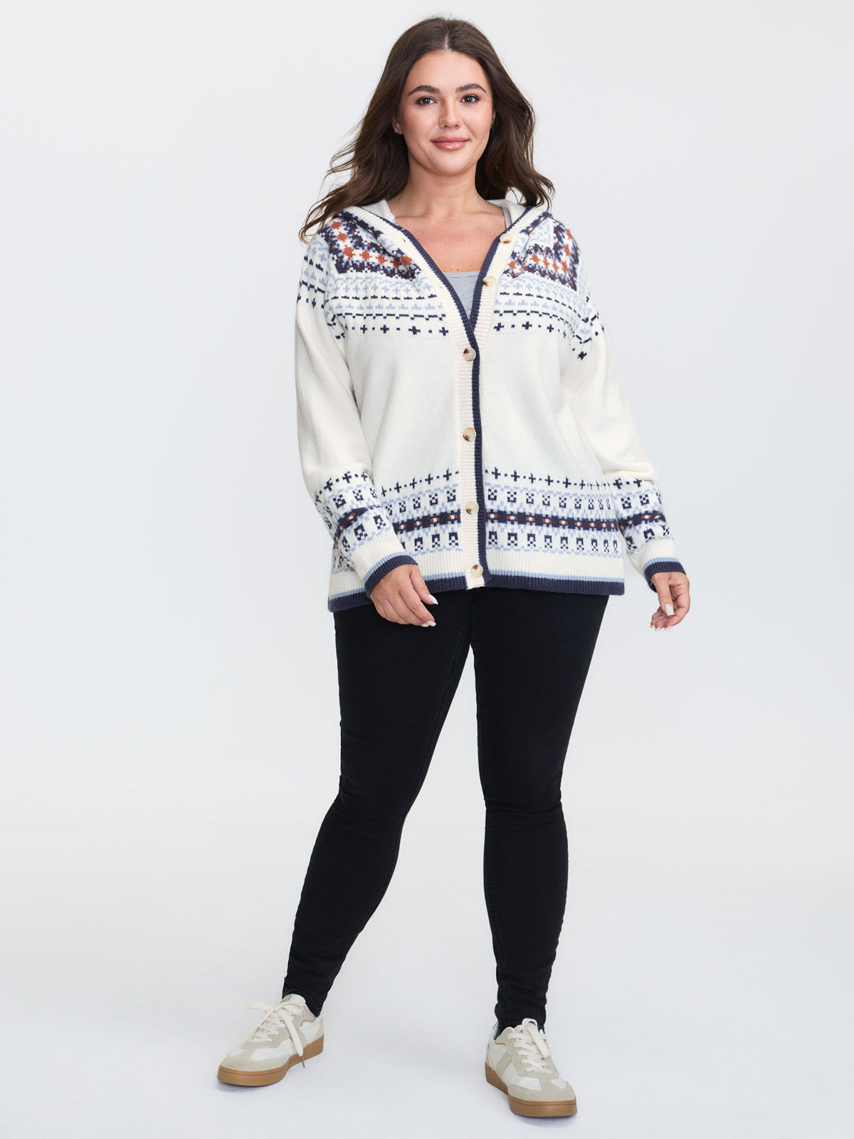 Hooded Jacquard Pattern Button Knit Cardigan