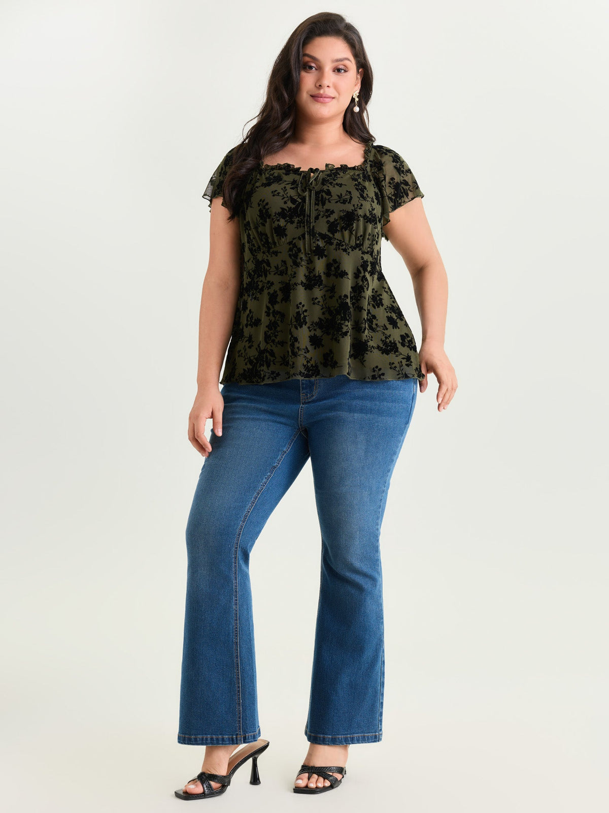 Flocked Floral Drawstring Neckline Knit Top