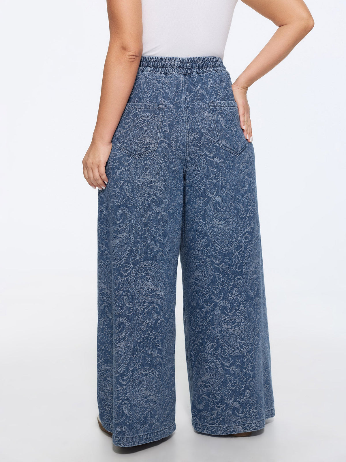 Washed Paisley Print Drawstring Wide Leg Jeans