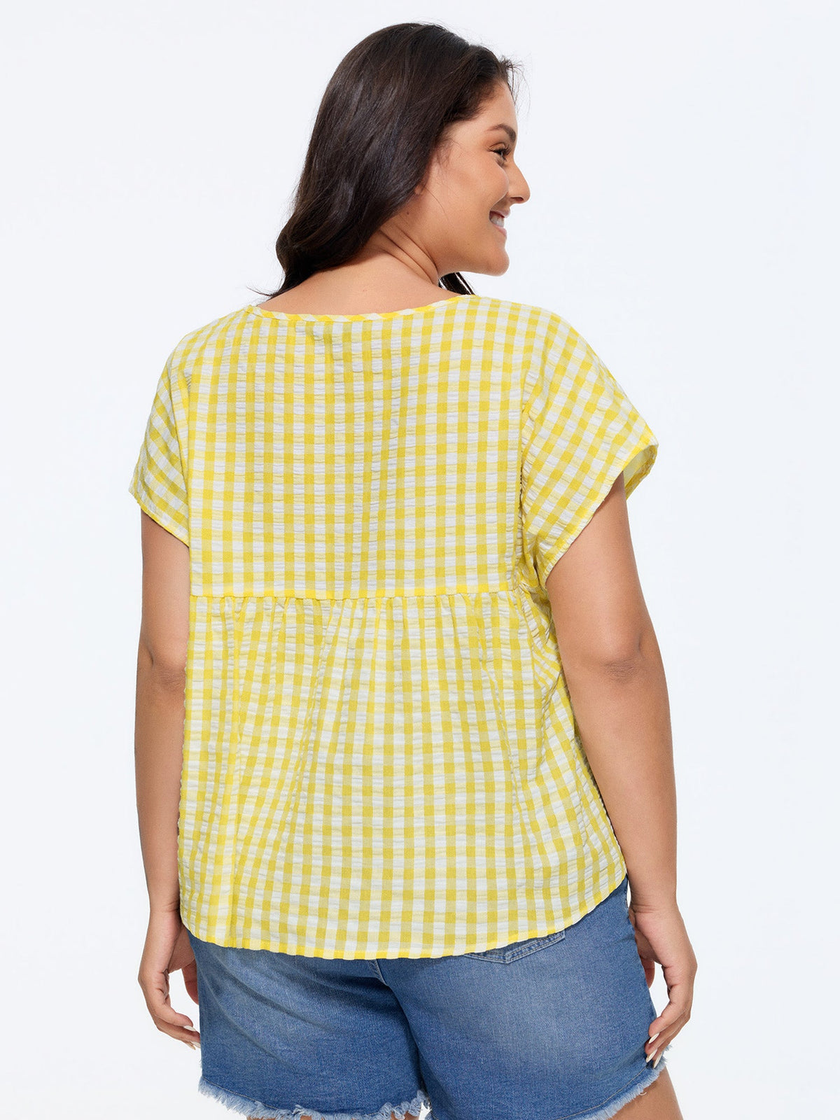 Cotton Gingham Print V-Neck Blouse