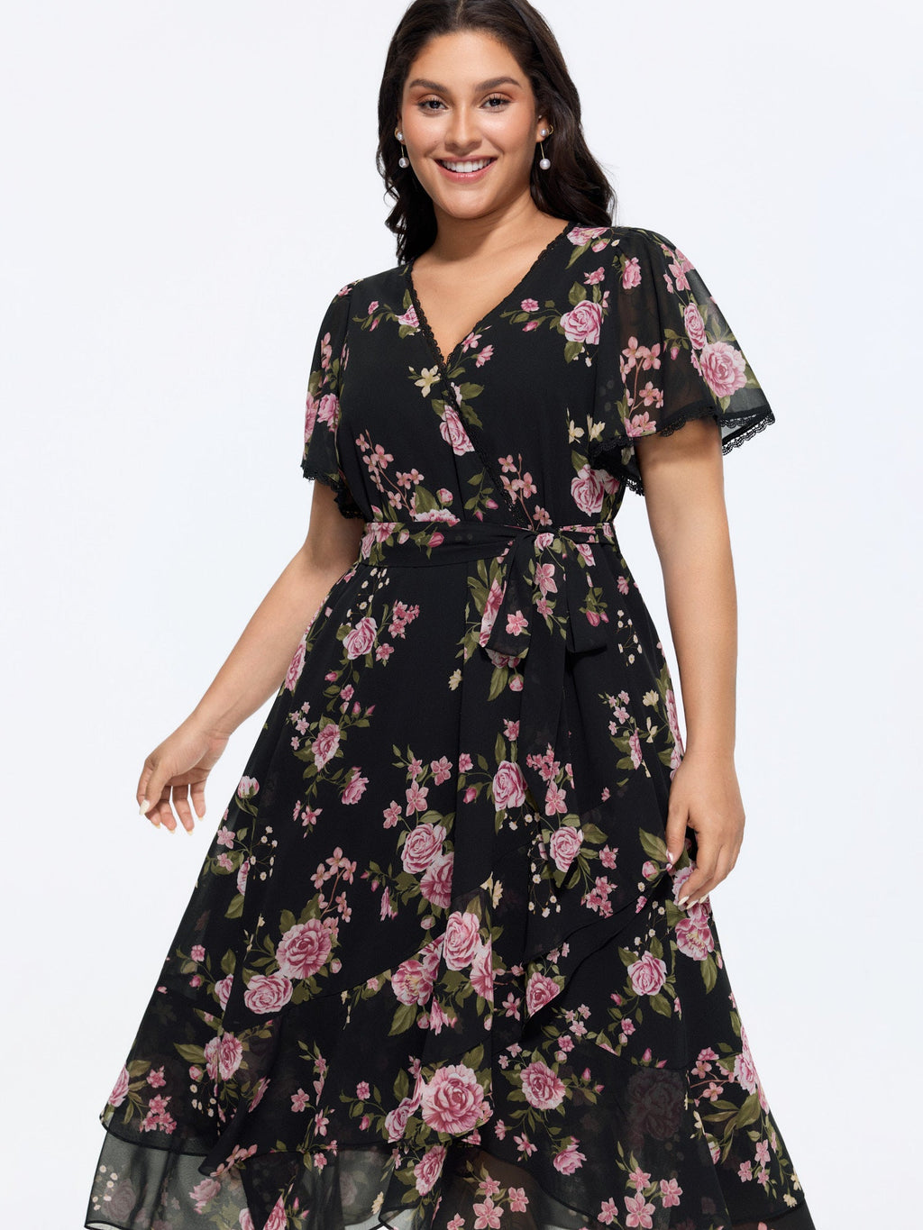 Soft Floral Print Lotus Leaf Hem Midi Dress