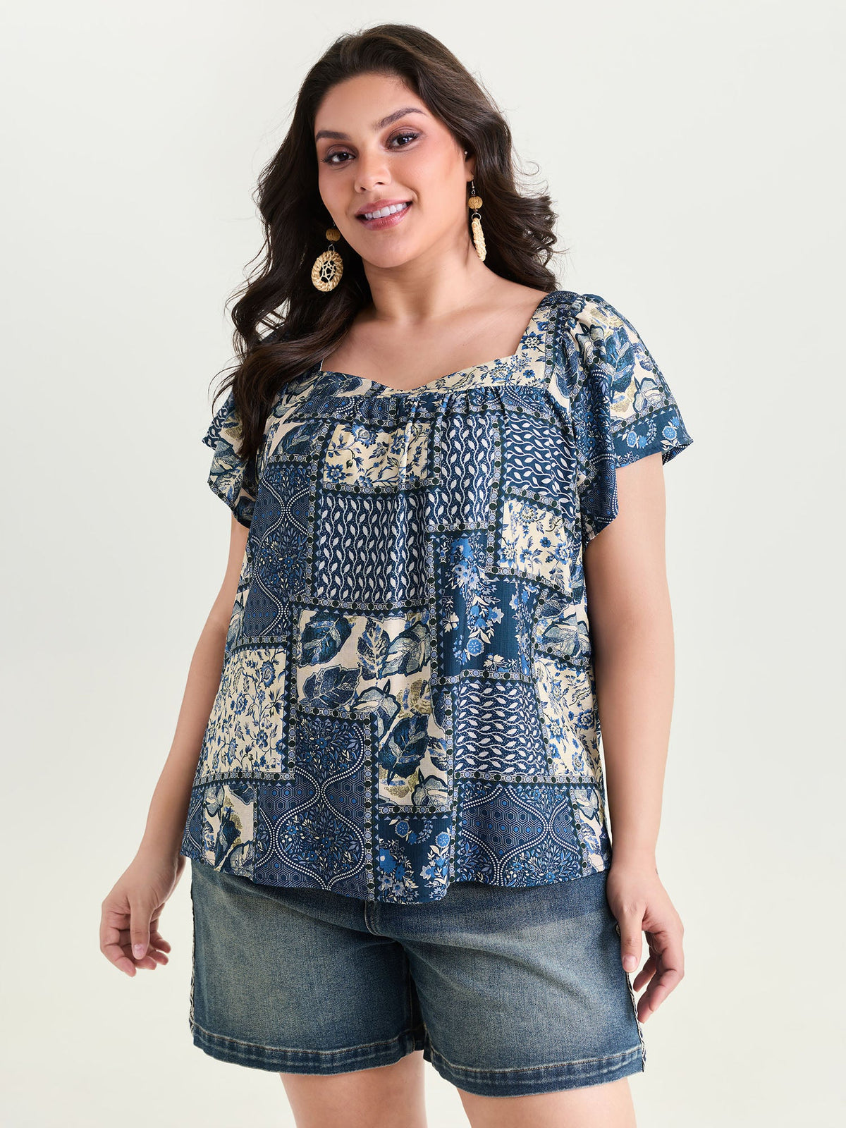 Collage Print Square Neckline Blouse