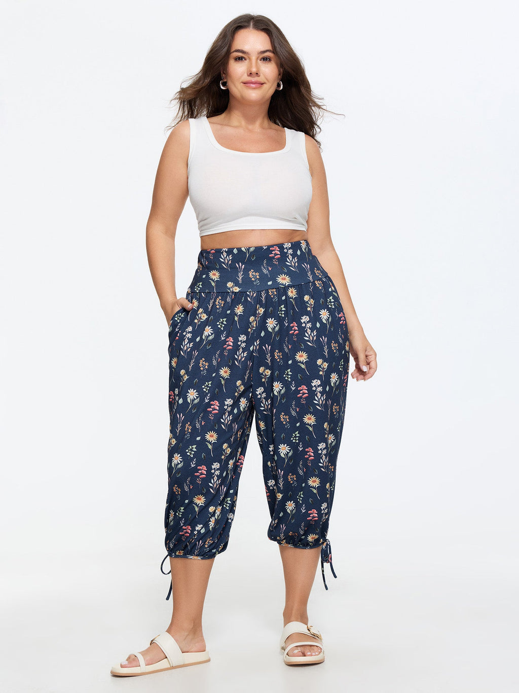 Stretchy Floral Print Drawstring Cuff Pants