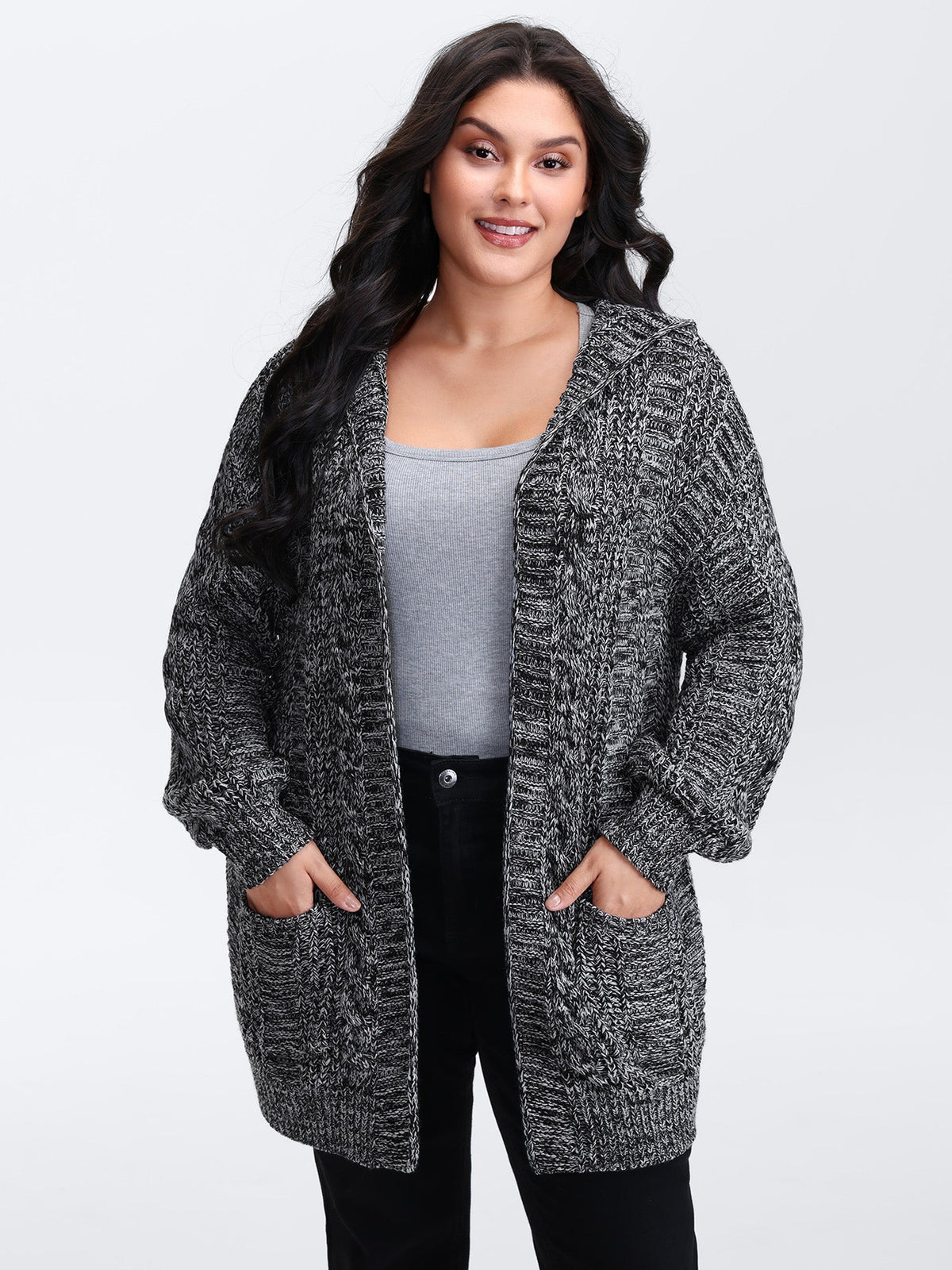 Textured Open Front Hooded Knit Cardigan