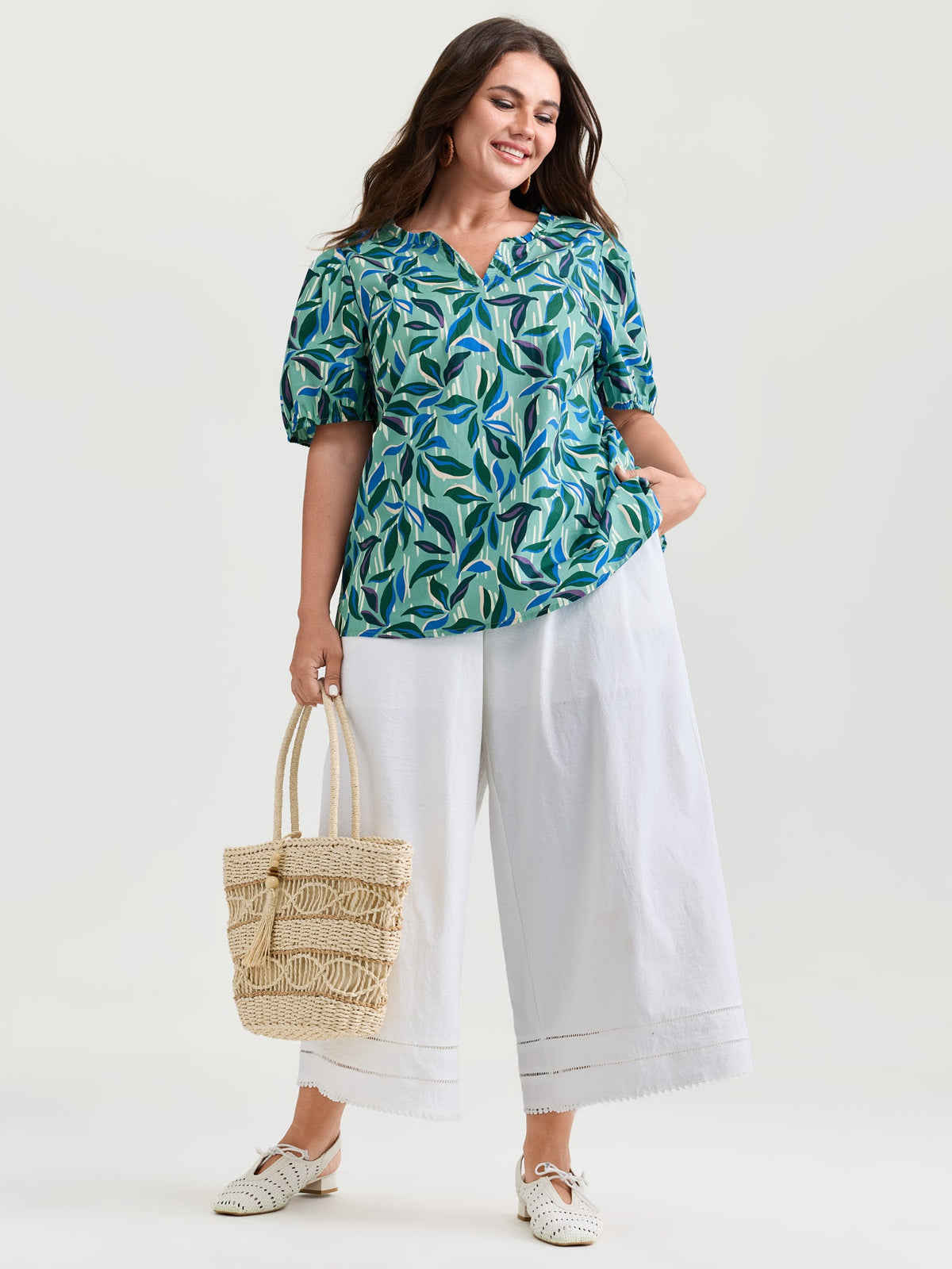 Cotton Tropical Leaf Print Irregular Sleeve Blouse