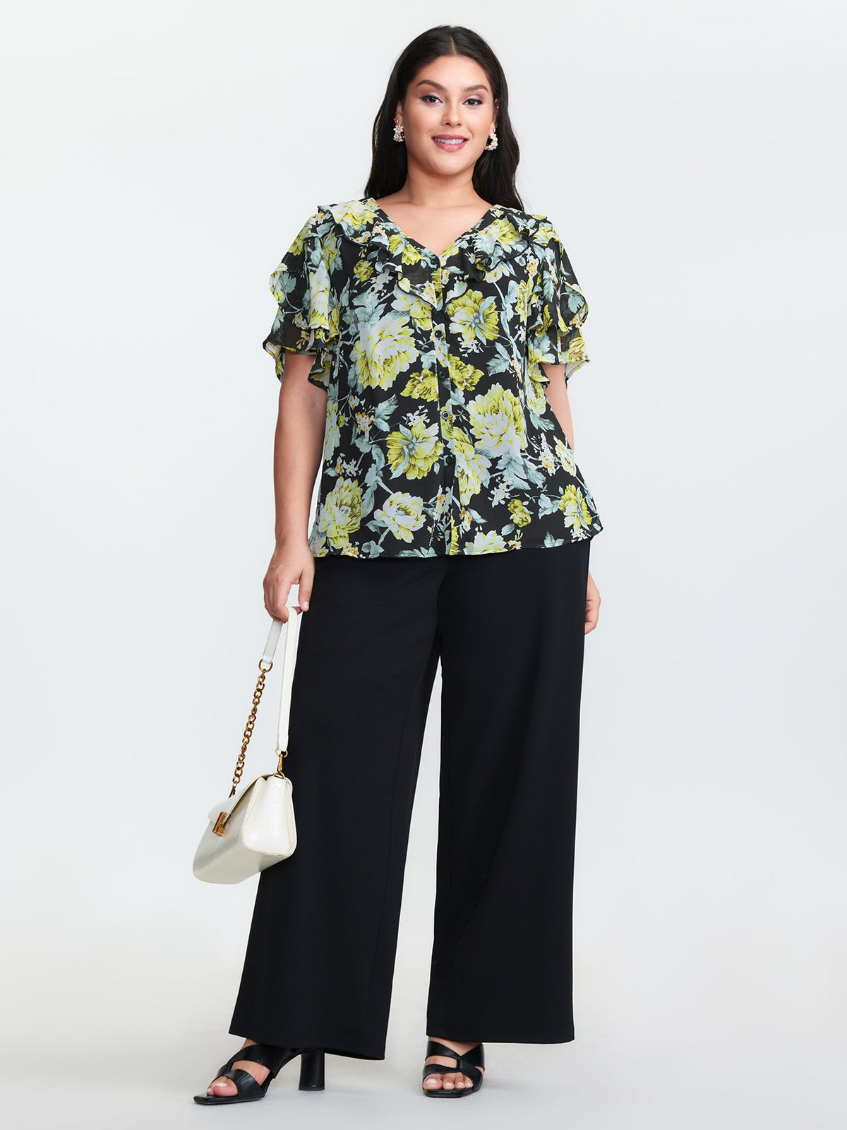 Floral Print Ruffled Edges Blouse