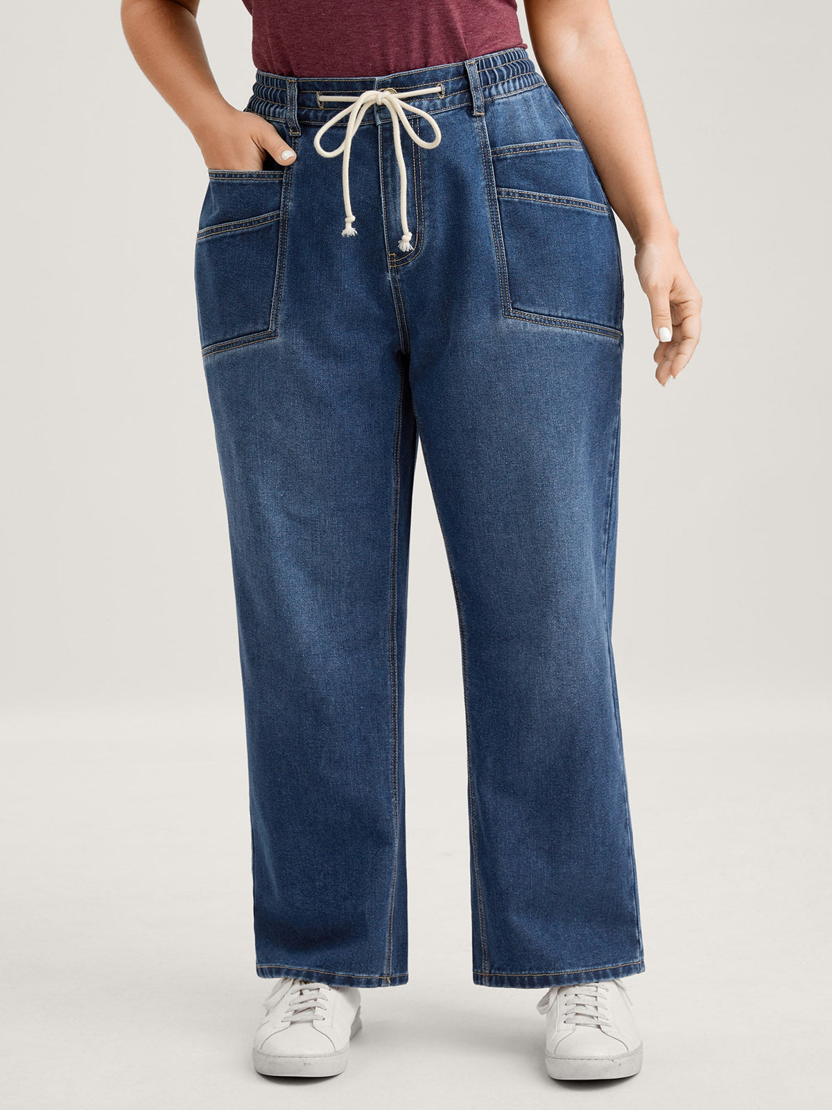 Layered Pockets Elastic Waistband Straight-Leg Jeans