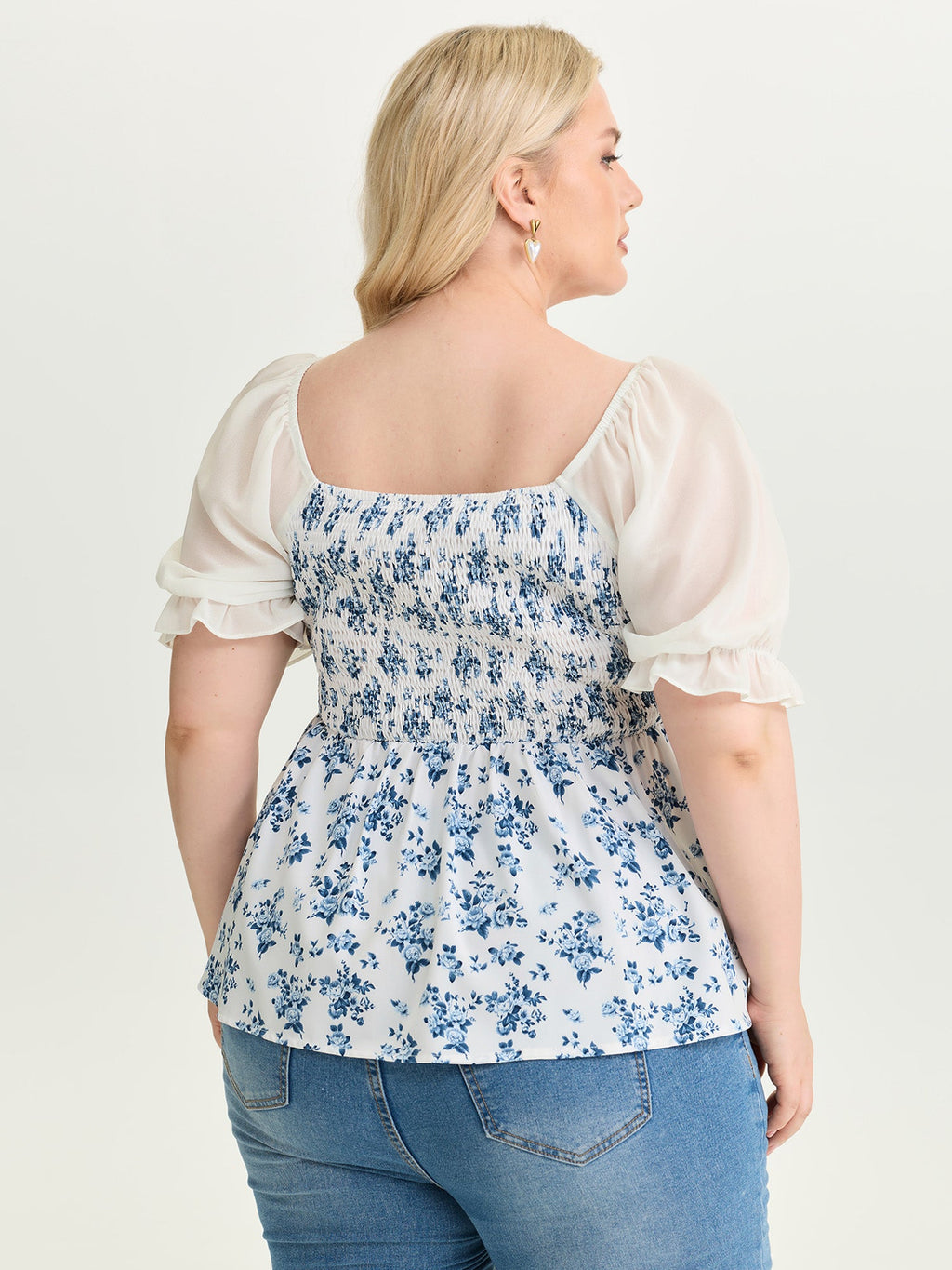 Floral Print Sheer Stretchy Cuff Sleeve Blouse