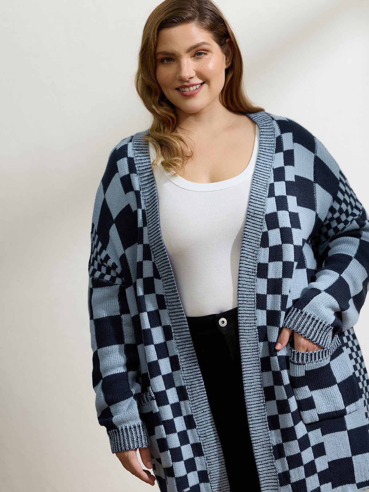 Checkered Relaxed-Fit Drop Shoulder Cardigan