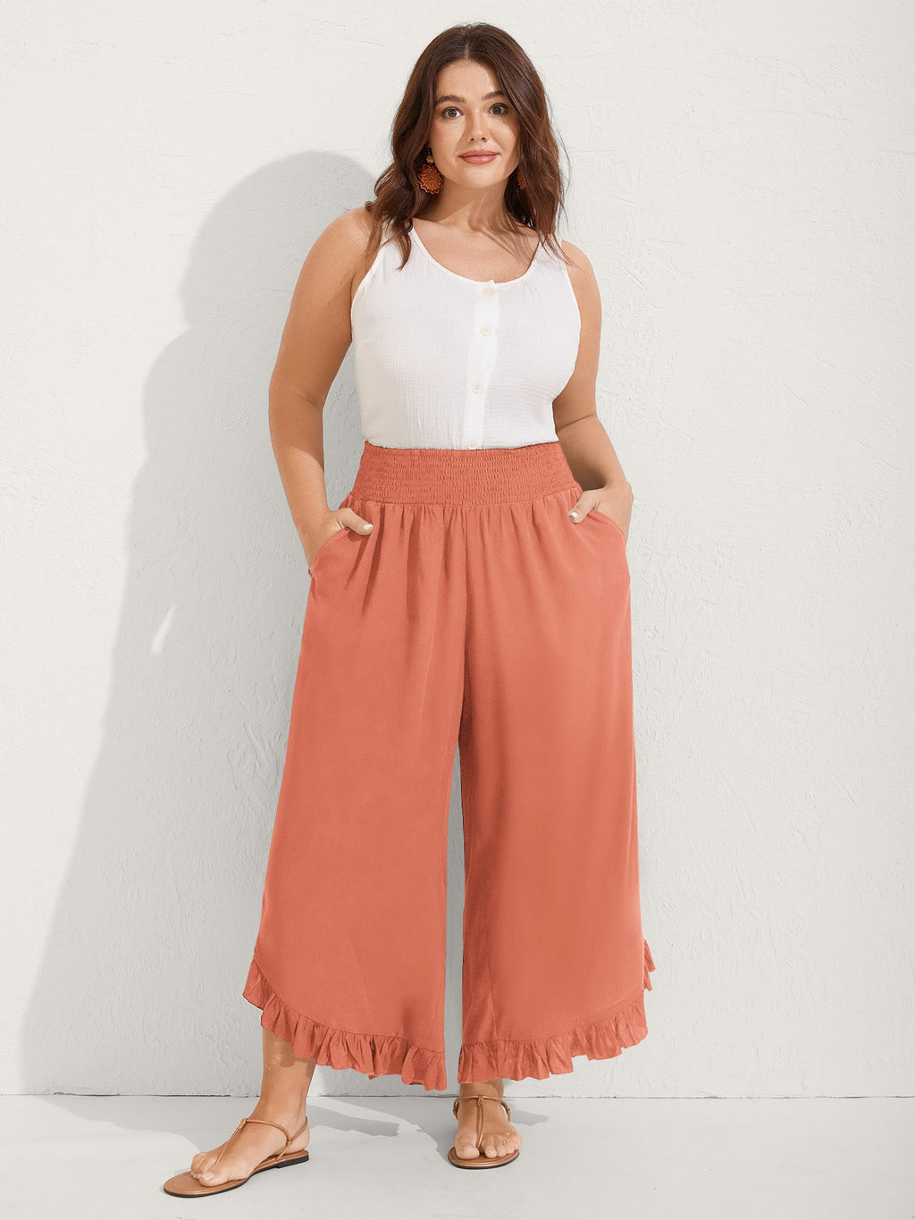 Ruffled Curvy Hem Wide-Leg Pants