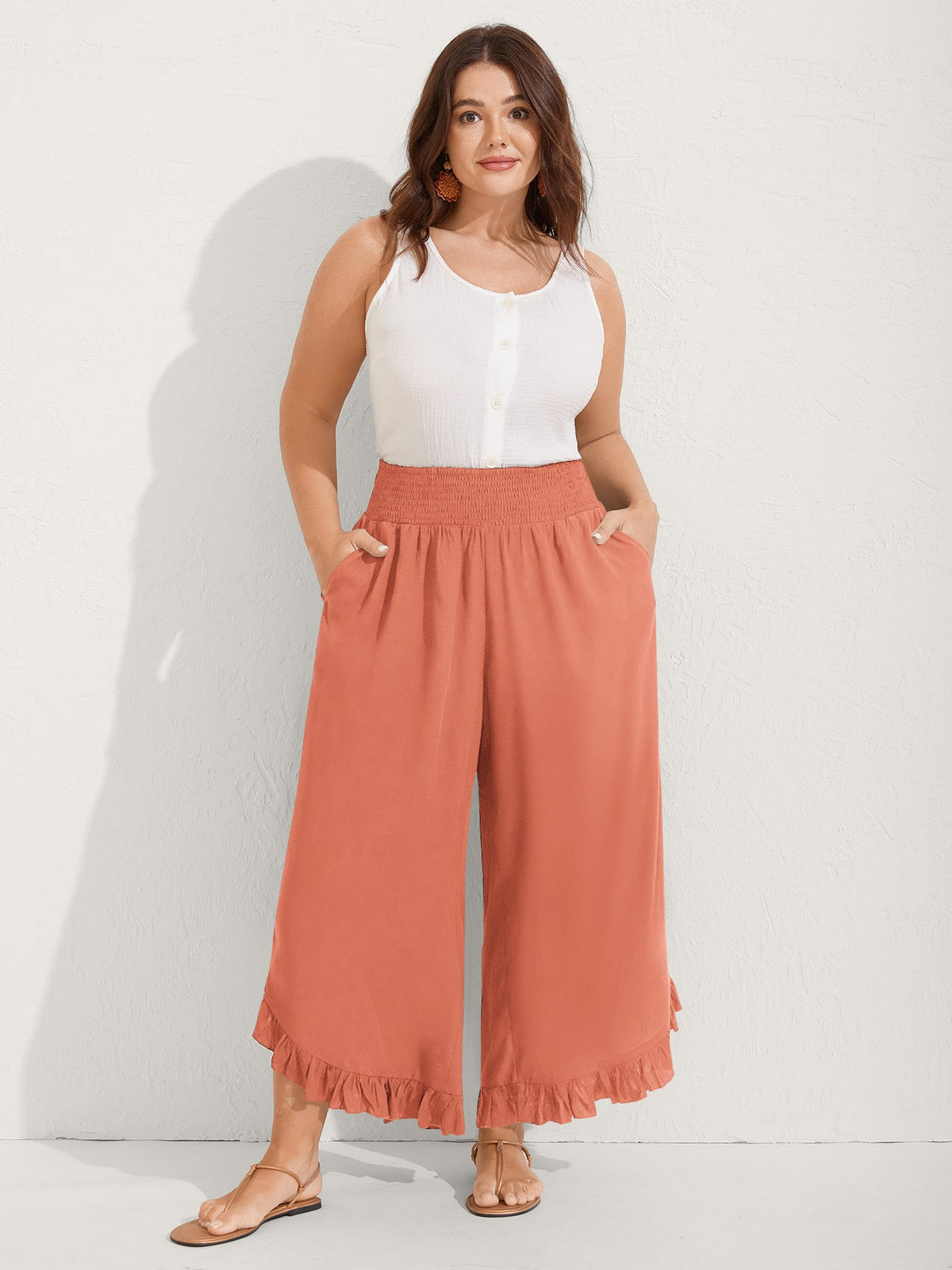 Ruffled Curvy Hem Wide-Leg Pants