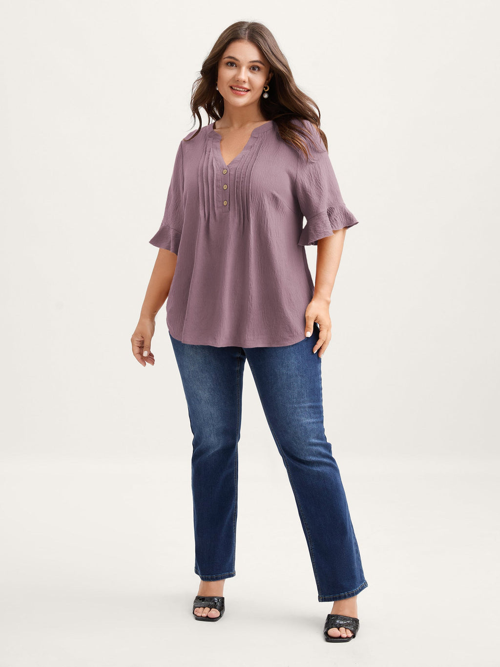 Toothpick Pleats Ruffled Sleeve Solid Blouse