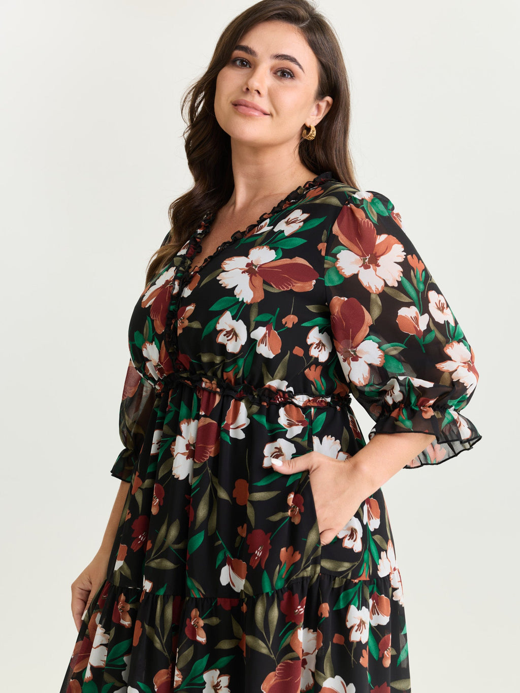 Romantic Floral Print Ruffled Edge Maxi Dress
