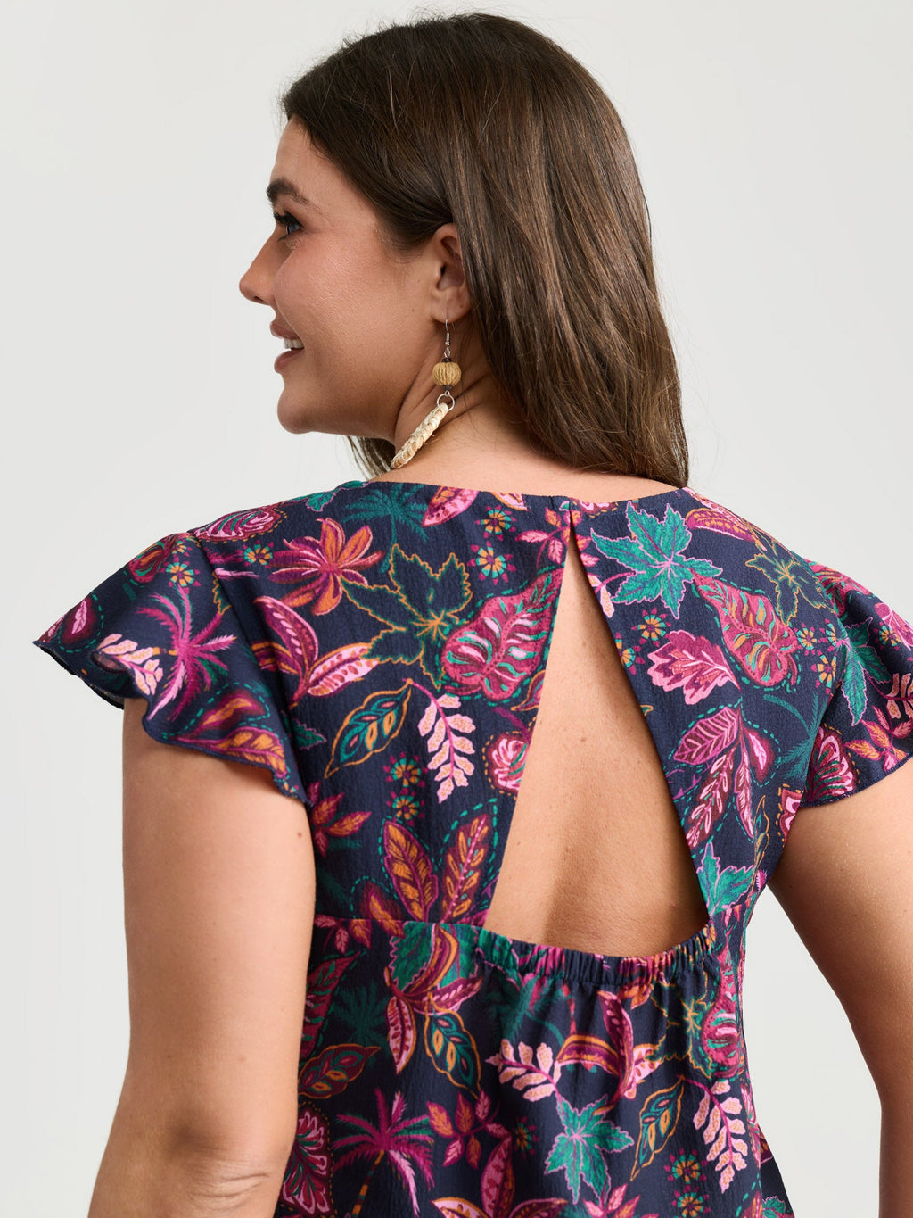 Bright Floral Texture Open-Back Blouse