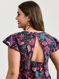 Bright Floral Texture Open-Back Blouse