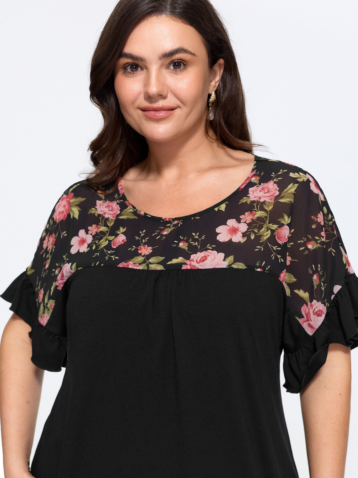 Supersoft Floral Print Ruffle Sleeve Patchwork Top