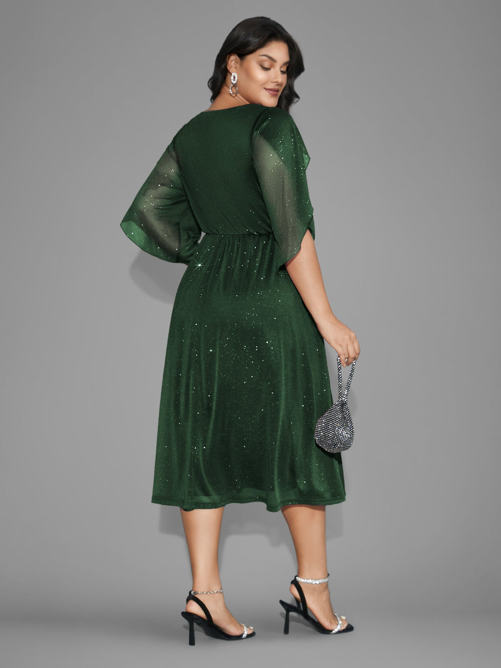 Glitter Mesh Petal Sleeve Midi Dress