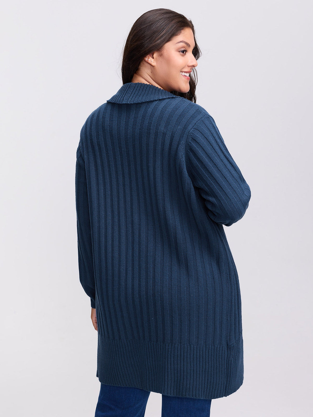 Folded Collar Ribbed Curvy Knit Cardigan
